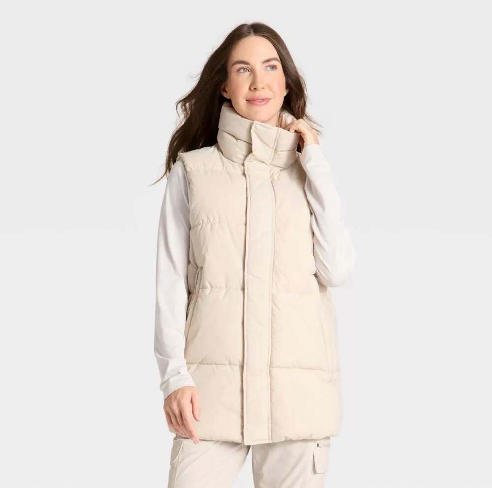 All in Motion Long Puffer Vest Taupe XL Quilted Sleeveless Gorpcore Utility Fall